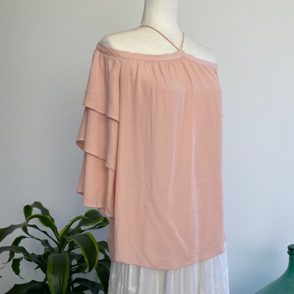 ** SOLD ** Pink Cold Shoulder Crepe Blouse - Size M - Picture 9 of 12
